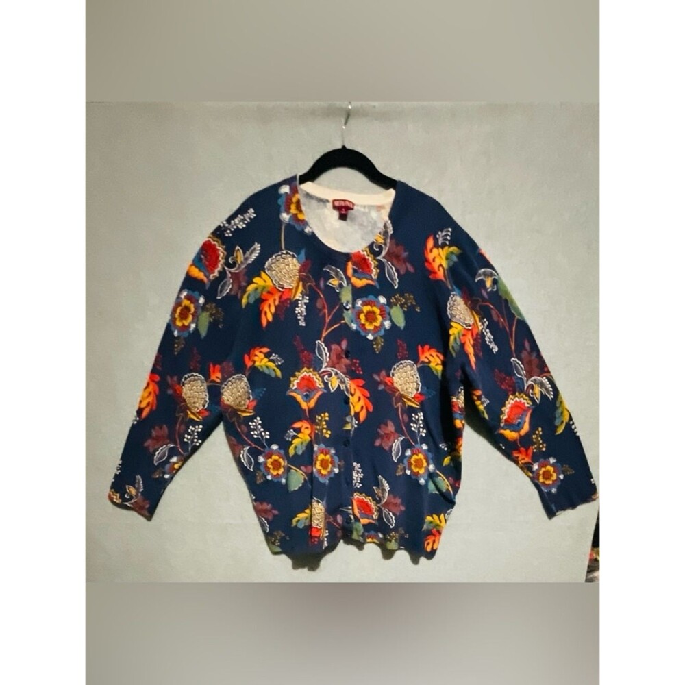MERONA Boho Floral Knit Cardigan Sweater Navy Blue Multicolor Grandmacore Size L